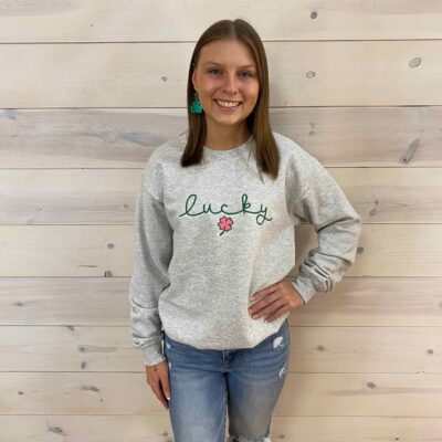 St. Patrick's Day Cursive Lucky Embroidered Graphic Sweatshirt