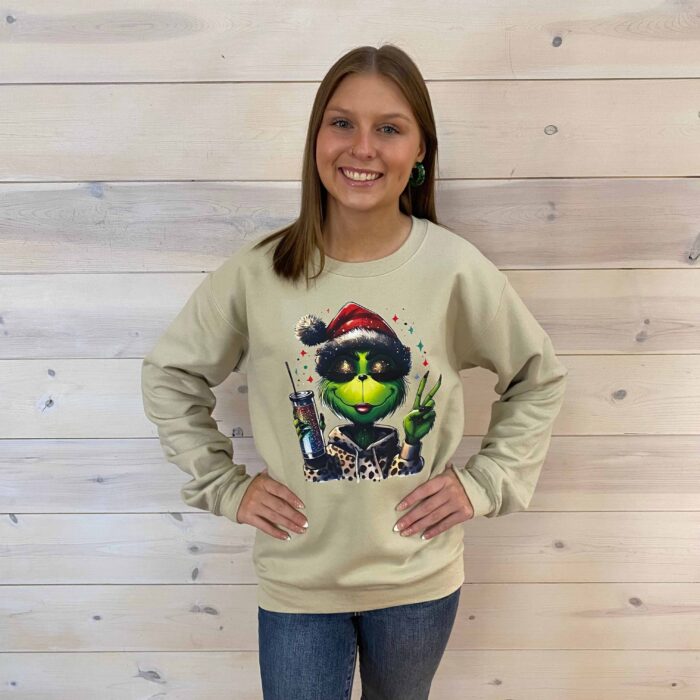 Boujee Grinch Girl Leopard Jacket Christmas Graphic Sweatshirt