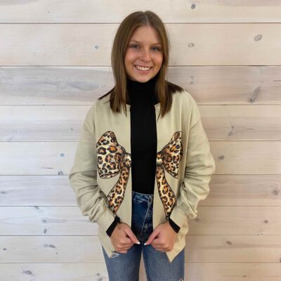 Leopard Bow Crew Neck Long Sleeve Sweatshirt Cardigan