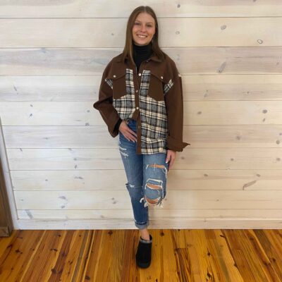 Collared Plaid Splicing Open Button Jacket