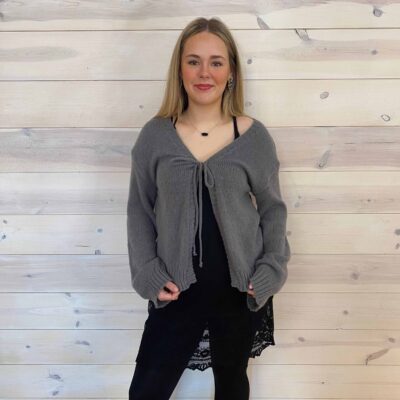 V-Neck Tie Knit Solid Long Sleeve Cardigan