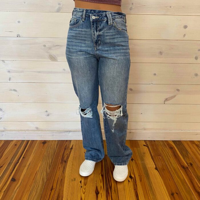 Sarah-Cosmo High Rise 90’s Criss Cross Straight Jeans