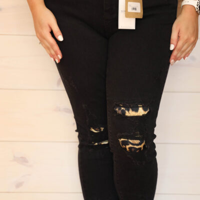 Mid Rise Leopard Patch Skinny Jeans