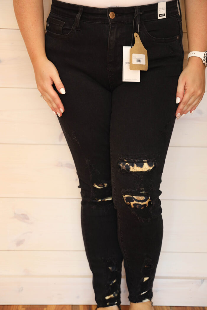 Mid Rise Leopard Patch Skinny Jeans