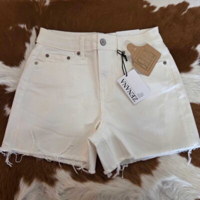 Demi-Raw Hem White Denim Shorts