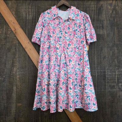 Floral Half Button Short Puff Sleeve A-Line Dress With Pockets