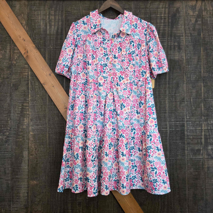 Floral Half Button Short Puff Sleeve A-Line Dress With Pockets