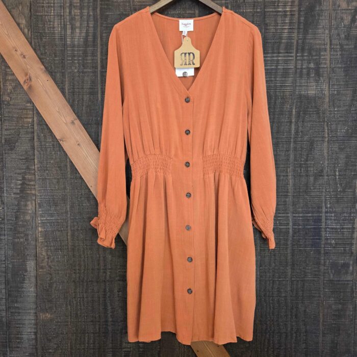 Smock Detail Button Down V-Neck Dress With Pockets