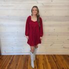 Tie Back Square Neck Velvet Babydoll Dress with Pockets