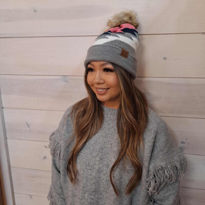 Aztec Natural Faux Fur POM Beanie