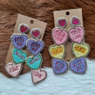Valentine Candy Heart Seed Bead Fabric Post Dangling Earrings