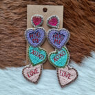 Valentine Candy Heart Seed Bead Fabric Post Dangling Earrings