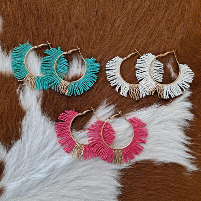 Western Seed Bead Fringe Fan Hoop Earrings