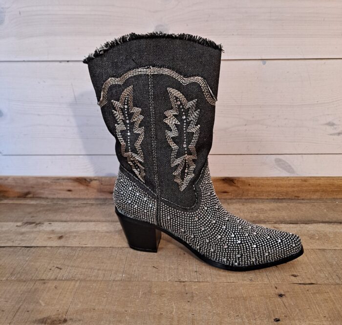 Black Denim Rhinestone Western Boot