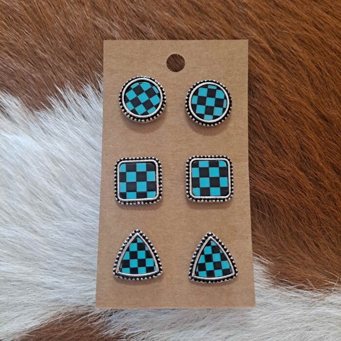 Western Checker Shape Post Combo Earring Set