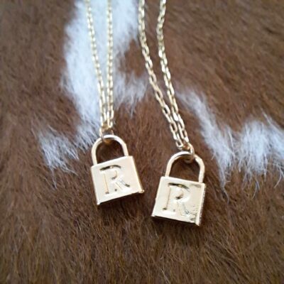 18K Gold Plated Lock Pendant Necklace with Engraved Initial