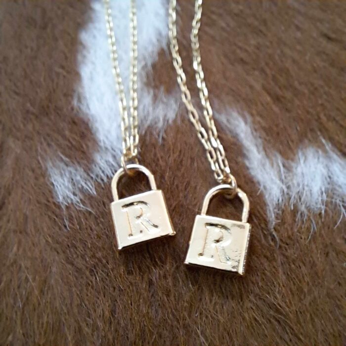 18K Gold Plated Lock Pendant Necklace with Engraved Initial