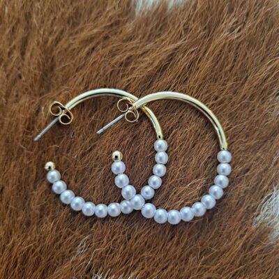Pearl Beaded Metallic Hoop Earrings