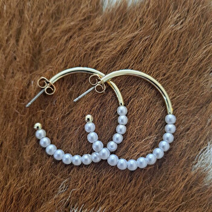 Pearl Beaded Metallic Hoop Earrings