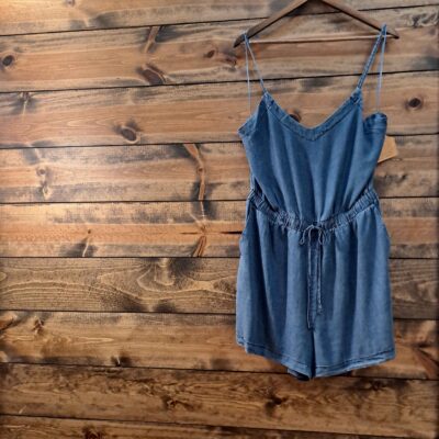 Denim Chambray V Neck Elastic Waist Drawstring with Adjustable Spaghetti Straps with Pockets
