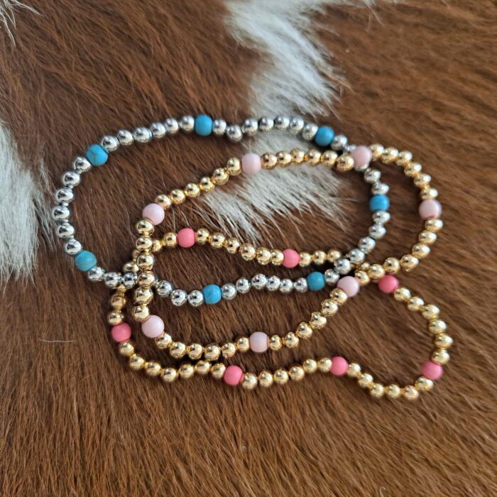 Semi Precious Stone Accent Ball Beaded Stretch Bracelet