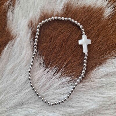 Mother of Pearl  Cross Beaded Stretch Bracelet