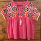 100% Cotton Geometric Embroidered Tassel Tie Blouse