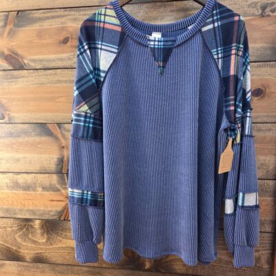 Mixed Media Plaid Patchwork Ribbed Pullover Top