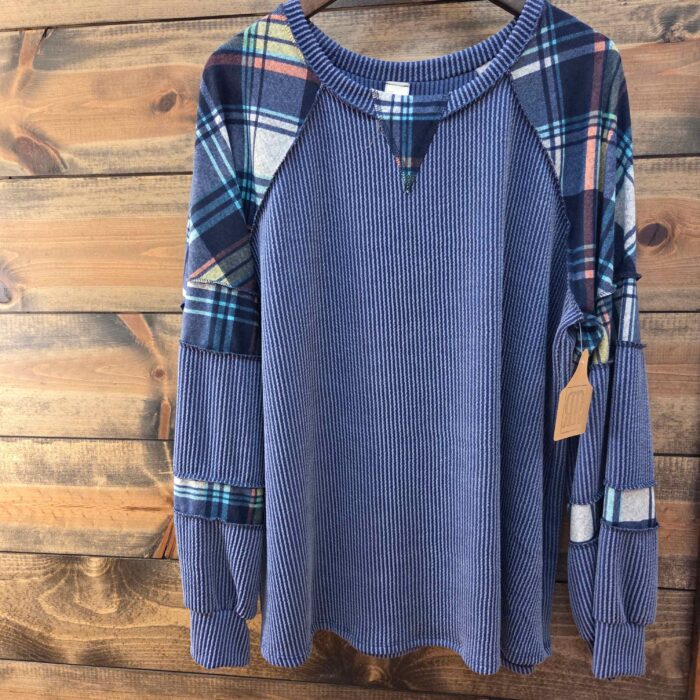 Mixed Media Plaid Patchwork Ribbed Pullover Top