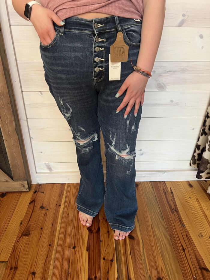 Mid Rise Button Fly Trouser Flare With Destroy