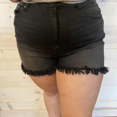 Frayed Hem Button Fly Washed Black Shorts