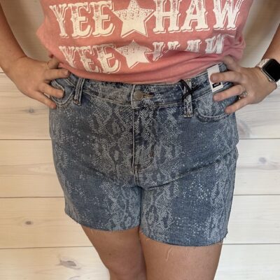 Mid Rise Denim Snakeskin Print Cut Off Shorts
