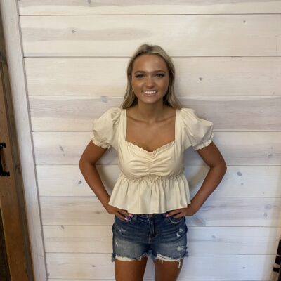 Squared Neck Puff Short Sleeve Top with Ruffle Details