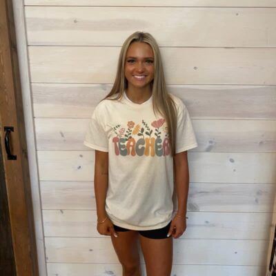 Groovy Flower 100% Cotton Puff Font Teacher Graphic Tee