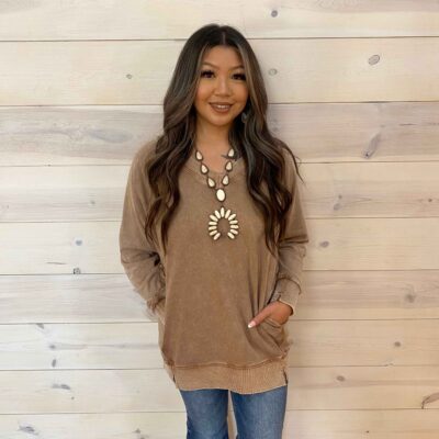 Mineral Washed V Neck Terry Oversized Pullover with Pockets