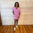 Mineral Washed Oversized V Neck Casual Knit Romper with Pockets