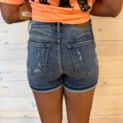 Bailey-Mid Rise Destroyed Dad Short with Yoke Pocket and Faux Selvedge Cuff