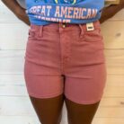 Beth-Mid Rise Tummy Control Dyed with Back Pocket Embroidery Shorts