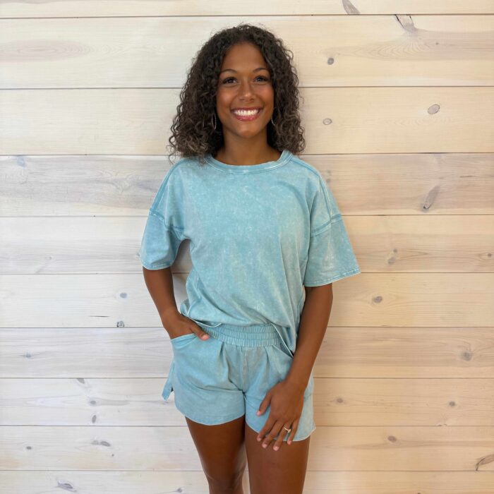 Acid Washed Short Sleeve Tee & Shorts Set with Pockets
