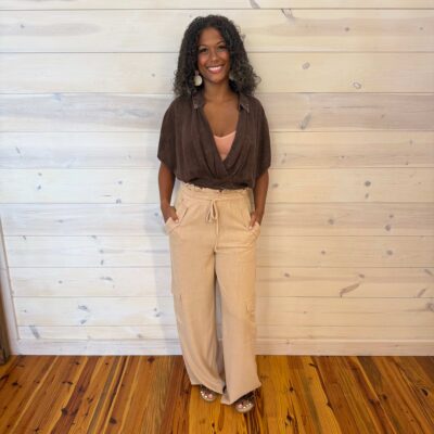 High Waisted Solid Woven Cargo Pants