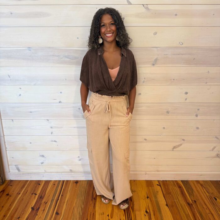 High Waisted Solid Woven Cargo Pants