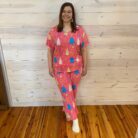 Christmas Tree Print V Neck Short Sleeve Top and Drawstring Pants Set with Pockets