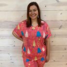 Christmas Tree Print V Neck Short Sleeve Top and Drawstring Pants Set with Pockets