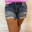 Breanne-High Rise Stretch Patched Shorts with Frayed Hem