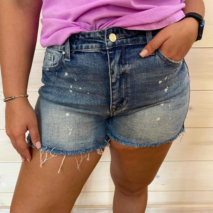 Sheila-High Rise Bleached Splattered Distressed Shorts with Frayed Hem