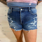 Montana-High Rise Stretch Dark Patched Work Shorts with Frayed Hem