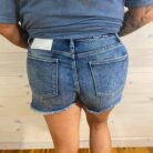 Montana-High Rise Stretch Dark Patched Work Shorts with Frayed Hem