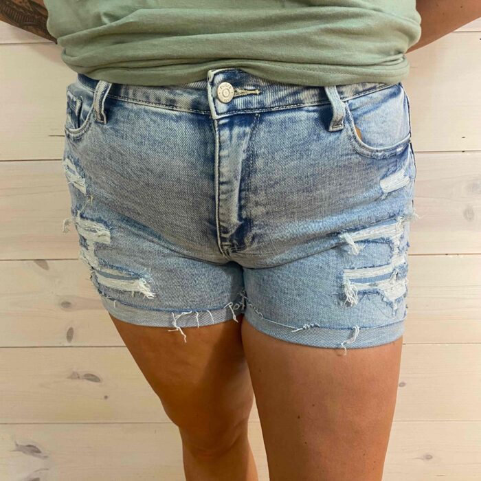 Dakota-High Rise Patched Shorts with Cuffed Hem