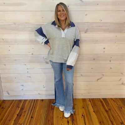 French Terry Knit Color Block Collared Loose Fit Top