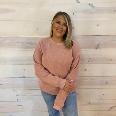 Custom Solid Ribbed Knit Round Neck Pullover Sweatshirt